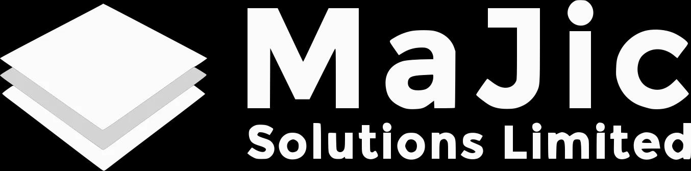 A white coloured version of the MaJic Solutions Limited logo.